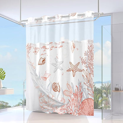 No Hook Shower Curtain and Liner Set, Coral Beach Coastal 71x74 | Nautical Ocean for Bathroom, with Snap in Liner Replacement, Mesh Top Window, Waterproof, Machine Washable, Quick-Drying