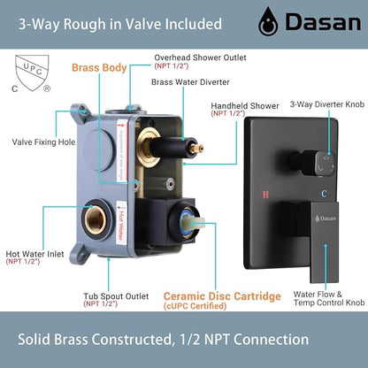 DASAN Tub Shower Faucets Sets Complete Matte Black Bathtub Shower System with Waterfall Tub Spout, Bathtub Faucet Set Tub and Shower Faucet Combo Trim Kit with Valve, DA-SS04MB-S10W