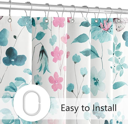 Teal Pink Floral Shower Curtain, Cute Flower Fabric Shower Curtains for Bathroom, Watercolor Wildflower Butterfly Cloth Shower Curtain Set with Hooks, 72x72