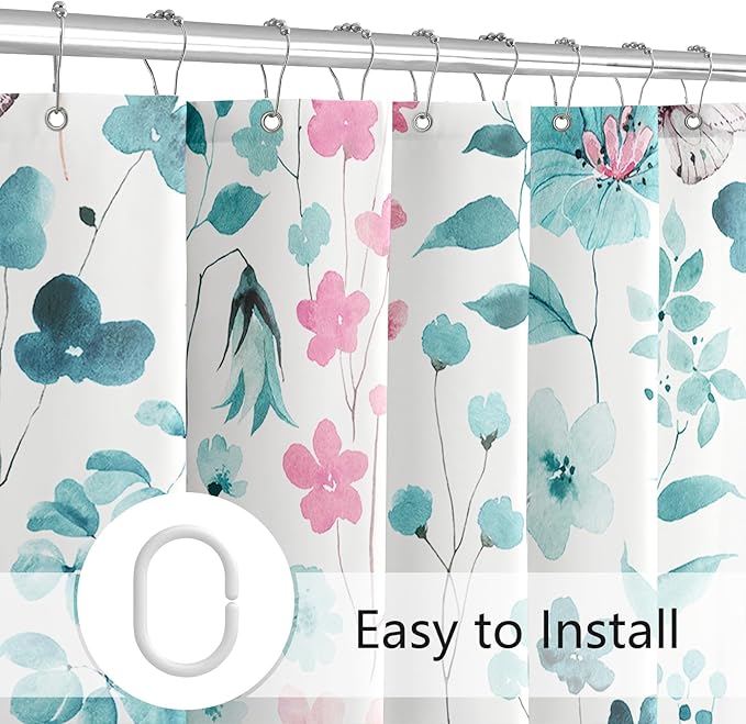 Teal Pink Floral Shower Curtain 60x72, Cute Flower Fabric Shower Curtains for Bathroom, Wildflower Butterfly Cloth Shower Curtain Set with Hooks