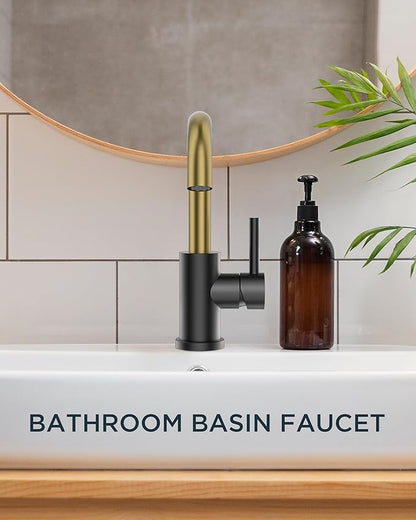 FORIOUS Black and Gold Bathroom Sink Faucet 1 or 3 Hole with Metal Pop Up Drain and Hoses, Single Handle Vanity Faucet for Bathroom Vanity Bar Kitchen RV, 360° Swivel High Arc Spout