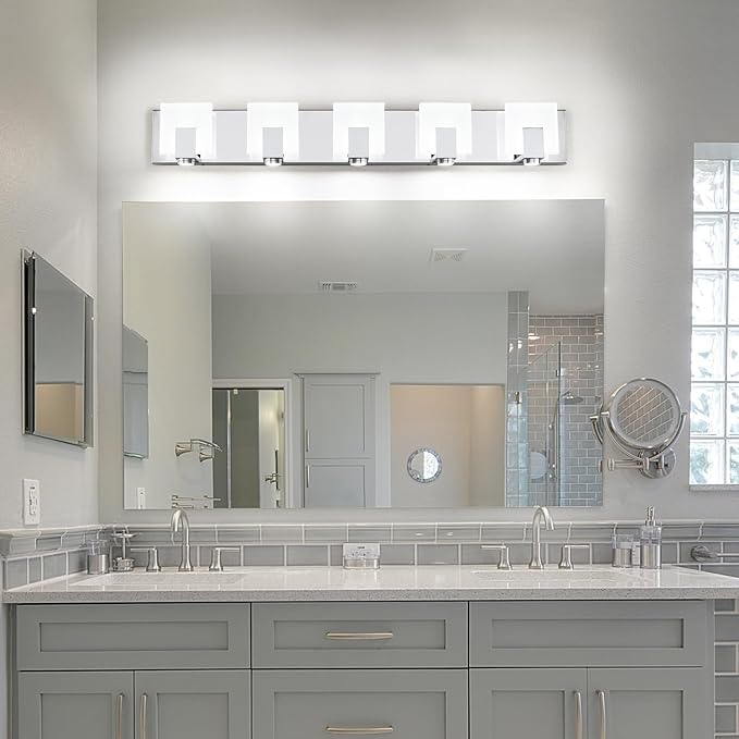 SOLFART Vanity Lights for Bathroom Dimmable Modern LED Chrome Bathroom Lighting Over Mirror 5 Light