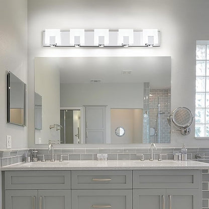 SOLFART Vanity Lights for Bathroom Dimmable Modern LED Chrome Bathroom Lighting Over Mirror 5 Light