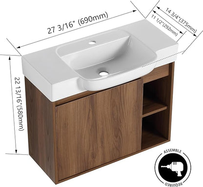 28" Floating Bathroom Vanity with Sink Combo,28 Inch Floating Vanity,Modern Single Sink Bathroom Vanity Combo,Brown Wall Mounted Cabinet Set
