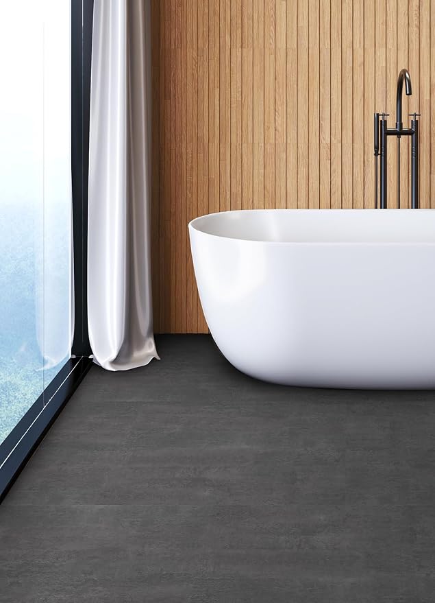 FloorPops Quarry Dark Grey Peel and Stick Floor Tiles, Stone Vinyl Floor Tiles, Water Resistant, 24-in x 12-in Pack of 6