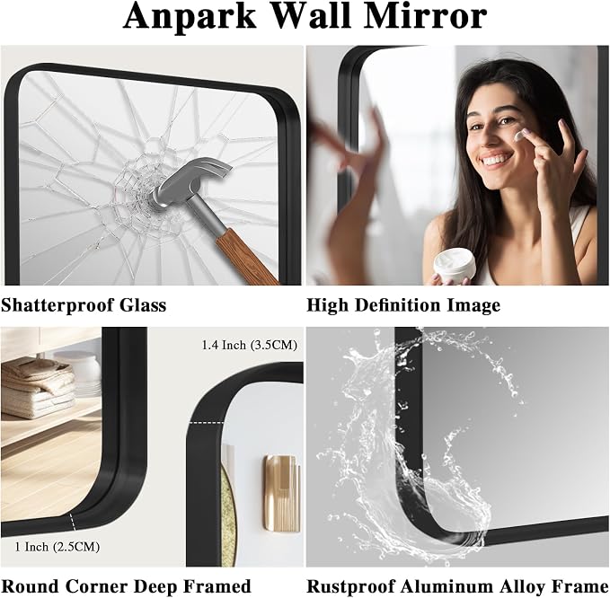 Anpark Wall Mirror 30" x 48" for Bathroom Black Metal Deep Frame Mirror for Wall Decorative Rectangular Round Corner Wall Mounted Vanity Mirror for Bedroom Living Room Entryway Wall Decor