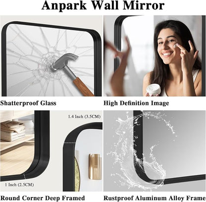 Anpark Wall Mirror 30" x 48" for Bathroom Black Metal Deep Frame Mirror for Wall Decorative Rectangular Round Corner Wall Mounted Vanity Mirror for Bedroom Living Room Entryway Wall Decor