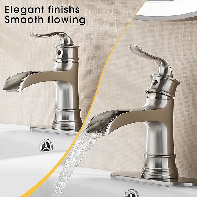 FRANSITON Waterfall Faucet Bathroom Faucet Single Handle One Hole Brushed Nickel Finish Large Spout Lavatory Faucets (Brushed Nickel)