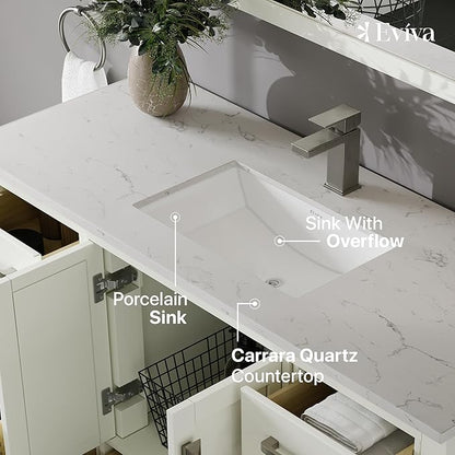 Eviva London 48 Bathroom Vanity with Top, Sink, and Quartz Countertop - Freestanding Single Sink Vanity for Modern Bathrooms