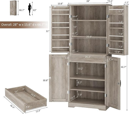 Shintenchi Kitchen Pantry Cabinet, Farmhouse Tall Cupboard, Ash Gray | Freestanding, with 8 Door Shelves, 2 Cabinets and 1 Drawer, for Kitchen, Living Room, Dining Room and Bathroom