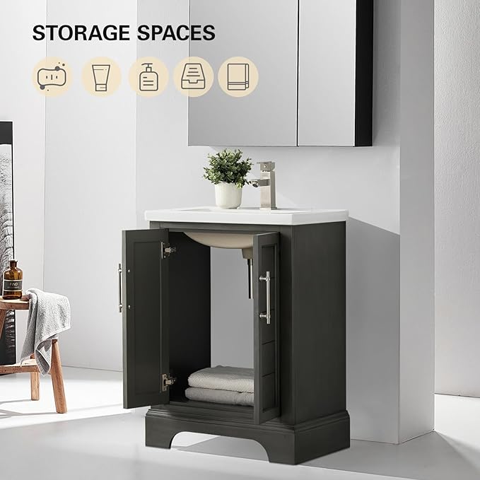 HOMEBEYOND 24 Inch Bathroom Vanity with Single Sink & Ceramic Top, Vanity Cabinet with Center Countertop Basin, Soft-Closing Doors,Sliver Grey