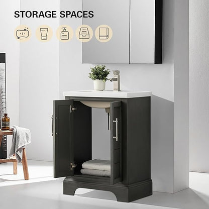 HOMEBEYOND 24 Inch Bathroom Vanity with Single Sink & Ceramic Top, Vanity Cabinet with Center Countertop Basin, Soft-Closing Doors,Sliver Grey
