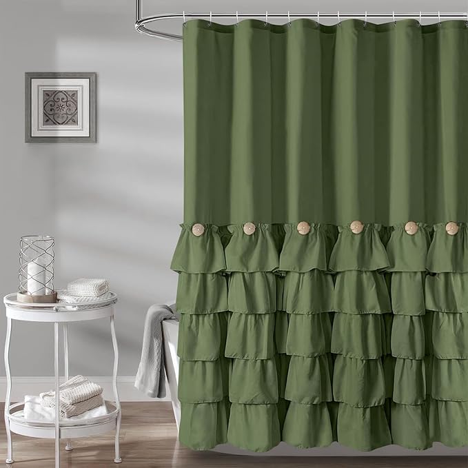 Seasonwood Green Ruffle Shower Curtain Farmhouse Shower Curtain 72 X 84 | Natural button accents, layered fabric tiers, shabby chic and French country styling for decorative bathroom updates