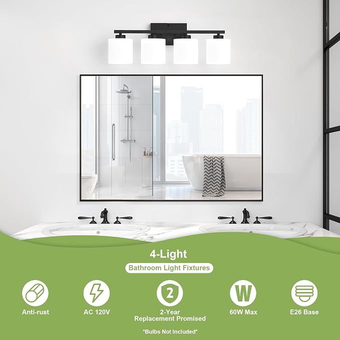 Honesorn 4-Light Vanity Lights, Matte Black Bathroom Light Fixtures | Black Bathroom Vanity Light, Wall Sconces with Milky White Frosted Shades Bedroom,E26 Socket(Bulbs Not Included)