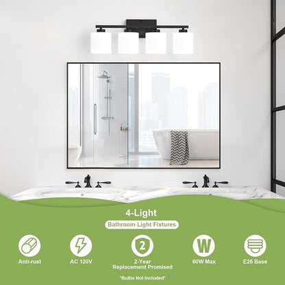 Honesorn 4-Light Vanity Lights, Matte Black Bathroom Light Fixtures | Black Bathroom Vanity Light, Wall Sconces with Milky White Frosted Shades Bedroom,E26 Socket(Bulbs Not Included)
