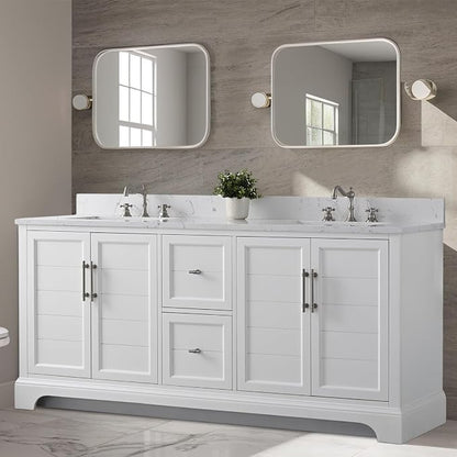 Vanity Art 72 Inch Bathroom Vanity with Double Sink, White | Solid Wood, Ceramic Sink, Marble Top, Waterproof Backsplash, Pre-assembled, Soft-close Doors, Ample Storage, Freestanding