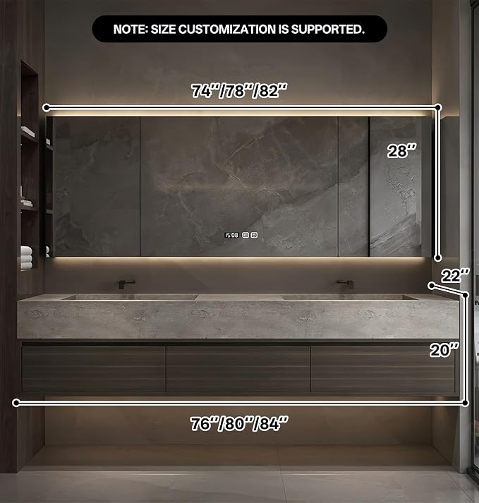 Double Sink Bathroom Vanity, Wood Looking Bath Vanity Includes Smart Anti-Fog Mirror Cabinet, Slate Countertop and One-Piece Sink, Wall Mounted Vanities with Soft-Close Drawers (Dark Walnut,84")