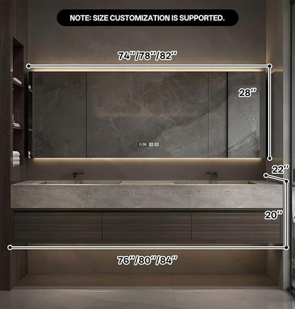 Double Sink Bathroom Vanity, Wood Looking Bath Vanity Includes Smart Anti-Fog Mirror Cabinet, Slate Countertop and One-Piece Sink, Wall Mounted Vanities with Soft-Close Drawers (Dark Walnut,84")