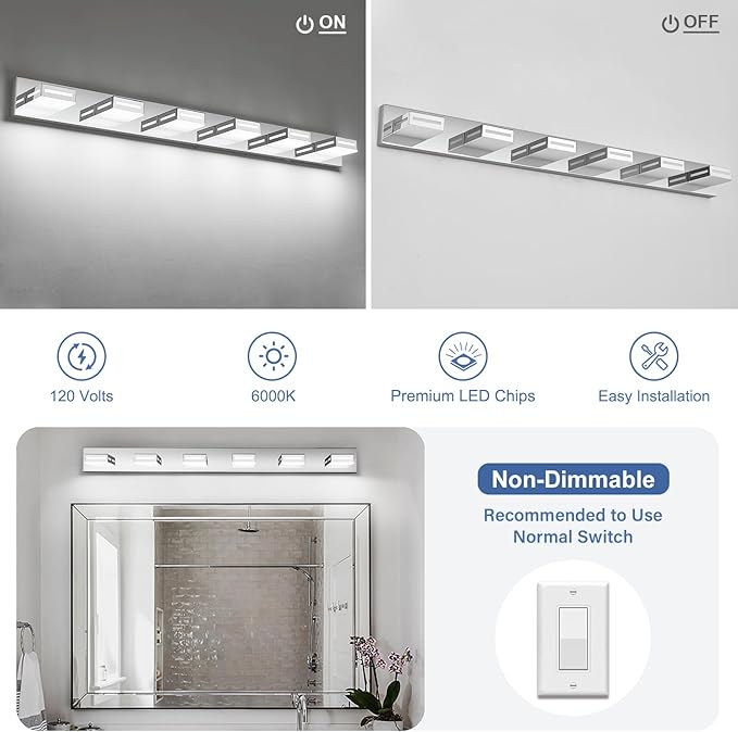 LED Modern Bathroom Light Fixtures, 6-Light 48-Inch Chrome Vanity Lights for Bathroom Lighting Fixtures Over Mirror, 350° Rotatable Acrylic, 6000K Cool White Wall Lamp