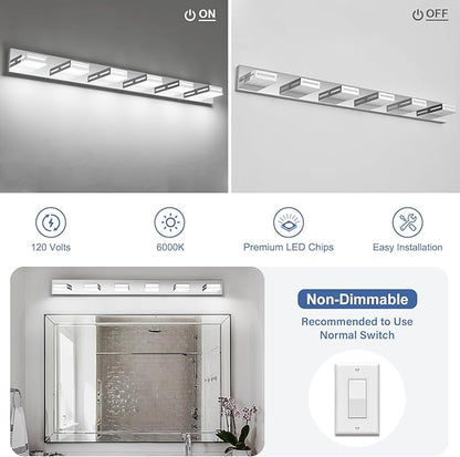 LED Modern Bathroom Light Fixtures, 6-Light 48-Inch Chrome Vanity Lights for Bathroom Lighting Fixtures Over Mirror, 350° Rotatable Acrylic, 6000K Cool White Wall Lamp