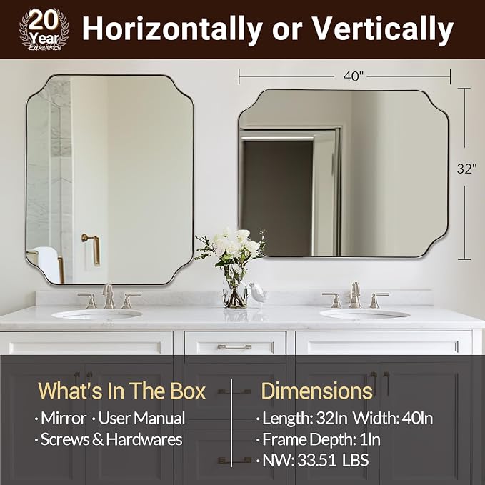 32x40 Brushed Nickel Scalloped Bathroom Wall Mirror | Anti-Rust Stainless Steel Thin Frame, Unique Scalloped Edges, Contemporary Decor for Bathroom, Horizontal or Vertical