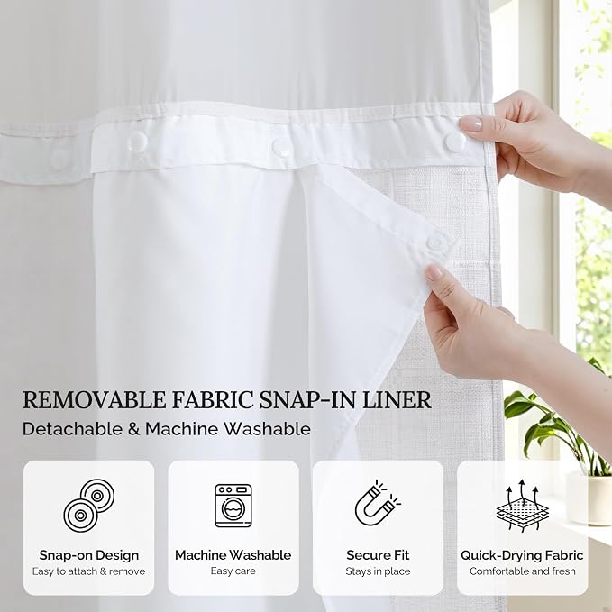 RiverDream Farmhouse No Hooks Shower Curtain with Snap-in Liner,White,71x80 | Snap on Fabric Liner,Heavy Duty,Quick Dry,Mesh Top Window,With Bottom Magnets,Washable,with Tassels,Long Size