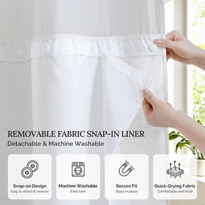 RiverDream Farmhouse No Hooks Shower Curtain with Snap-in Liner,White,71x80 | Snap on Fabric Liner,Heavy Duty,Quick Dry,Mesh Top Window,With Bottom Magnets,Washable,with Tassels,Long Size
