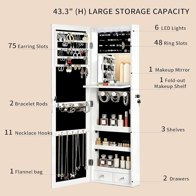 Lockable Jewelry Cabinet Organizer with Full Length Mirror, 6 Auto LED Lights, Wall & Over Door Mount Jewelry Armoire with Earring Slots, Necklace Hooks, Foldable Makeup Shelf