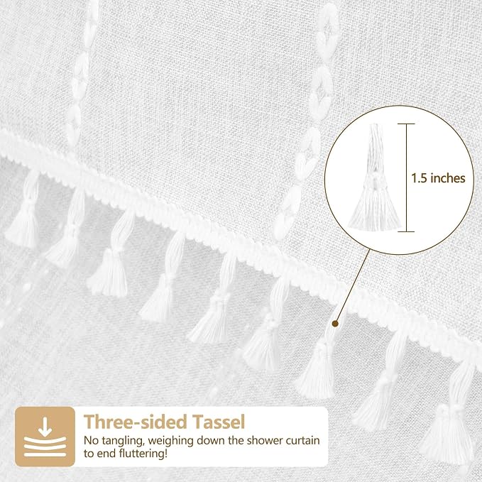 Seenus 72 x 84 inch Extra Long Boho Farmhouse Shower Curtain with Tassels, White Linen Textured Soft Fabric Shower Curtain Heavyweight, Elegant French Country Striped Bathroom Curtain Water Repellent