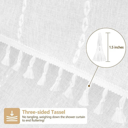 Seenus 72 x 84 inch Extra Long Boho Farmhouse Shower Curtain with Tassels, White Linen Textured Soft Fabric Shower Curtain Heavyweight, Elegant French Country Striped Bathroom Curtain Water Repellent