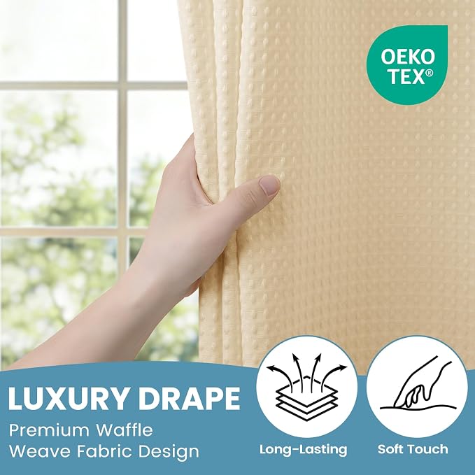 SORTTO No Hook Shower Curtain with Snap in Liner Set Waffle Shower Curtain for Bathroom Hotel Style Fabric Waterproof Inner Liner，71" W x 74" H, Cream
