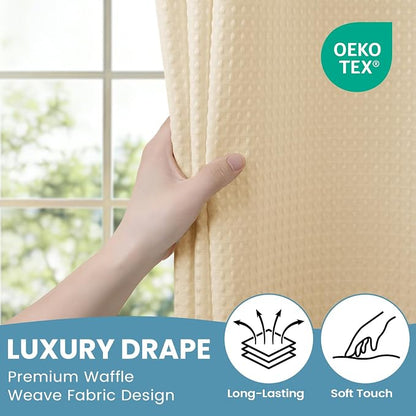 SORTTO No Hook Shower Curtain with Snap in Liner Set Waffle Shower Curtain for Bathroom Hotel Style Fabric Waterproof Inner Liner，71" W x 74" H, Cream