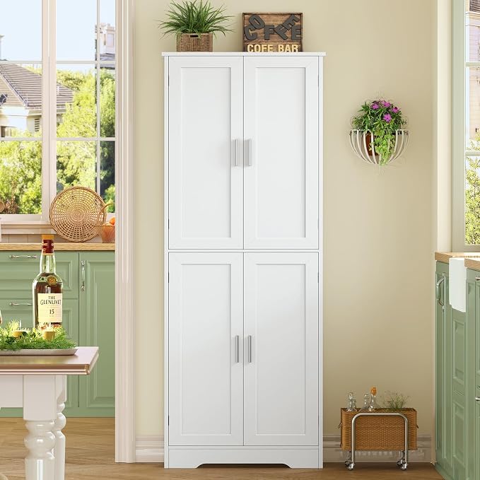 67” Storage Cabinet, Kitchen Pantry Cabinet with 4 Doors and 2 Adjustable Shelves, Cupboard, Tall Bathroom Cabinets for Dining Room, Living Room, White