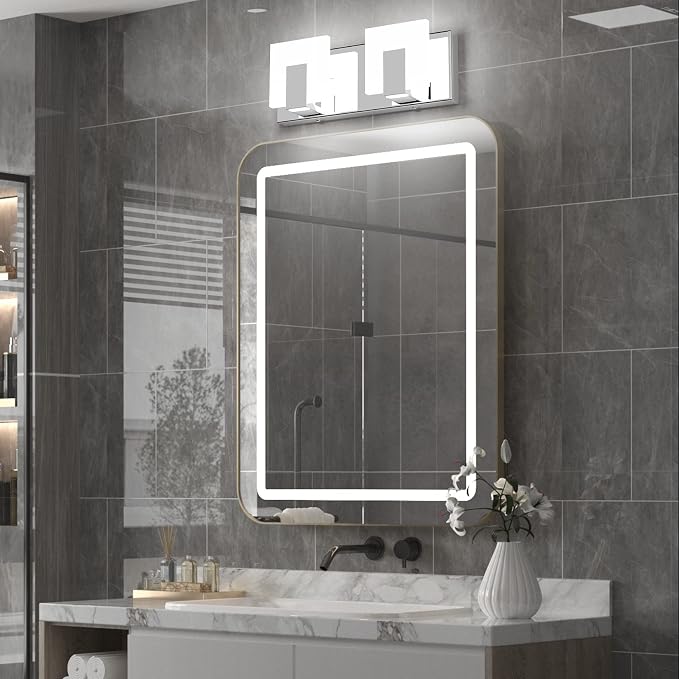 Aipsun 2 Lights Dimmable Modern LED Vanity Light for Bathroom Frosted White Acrylic Chrome Up and Down Bathroom Wall Light Fixtures Over Mirror(White Light 6000K)