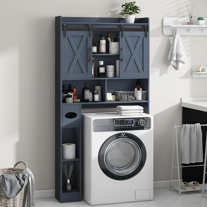 Vabches Over The Toilet Storage Cabinet with Sliding Doors, Blue | Farmhouse Storage Cabinet Over Toilet, Home Space-Saving Toilet Rack, Toilet Paper Holder Stand,for Restroom,Bathroom,Laundry