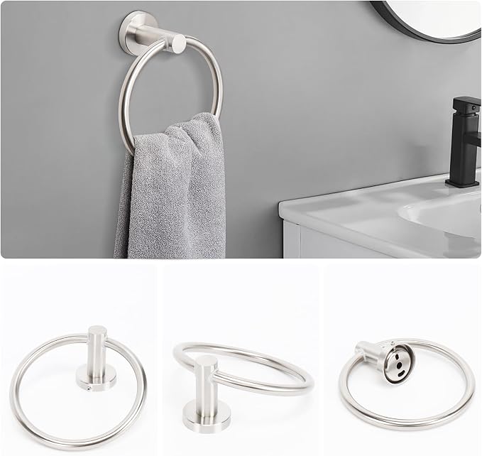 NearMoon 5 Pieces Bathroom Hardware Set SUS304 Thicken Stainless Steel-Towel Rack Kit Include 24" Towel Rod +Bath Towel Ring +Toilet Paper Holder +2 Robe Towel Hooks Bath Accessories (Nickel)
