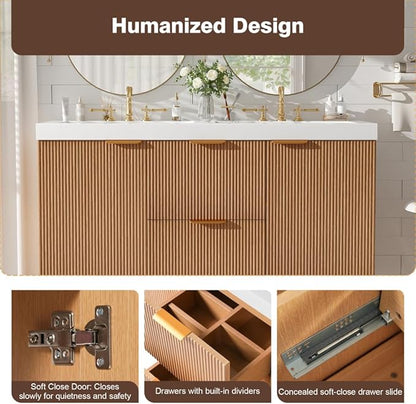 48 Inch Floating Bathroom Vanity with Thick SMC Countertop Double Sinks, Wall Mounted Bathroom Vanities Wood Grain Vanity for Bathrooms with 2 Soft-Close Doors 2 Fluted Drawers, Easy Assembly (Wood)