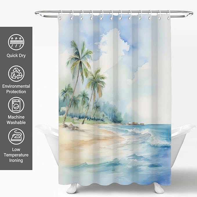 Sea Beach Shower Curtain for Bathroom,Blue Tropical Coastal Waterproof Polyester Shower Curtains,Funny Ocean Theme Bathroom Decor,72x72 Inch