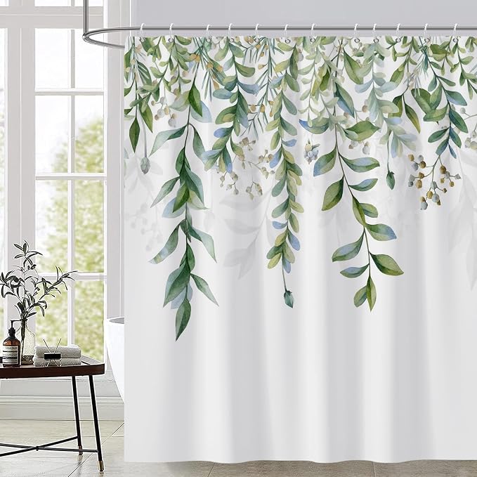AWERT Green Mixed Light Blue Plant Shower Curtain with 10 Hooks Decorative Sage Green Shower Curtain for Bathroom Waterproof Fabric 60x72inch