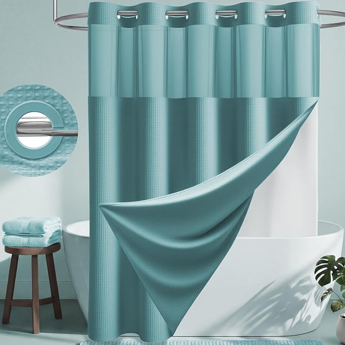 Teal Hook Free Waffle Shower Curtain & Snap-in Fabric Liner,72x87 | Less Time to install, 3 in 1 Fabric Shower Curtain and Liner Set with Magnets, Extra Long, Shower Curtains for Bathroom