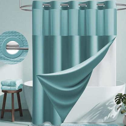Teal Hook Free Waffle Shower Curtain & Snap-in Fabric Liner,72x87 | Less Time to install, 3 in 1 Fabric Shower Curtain and Liner Set with Magnets, Extra Long, Shower Curtains for Bathroom