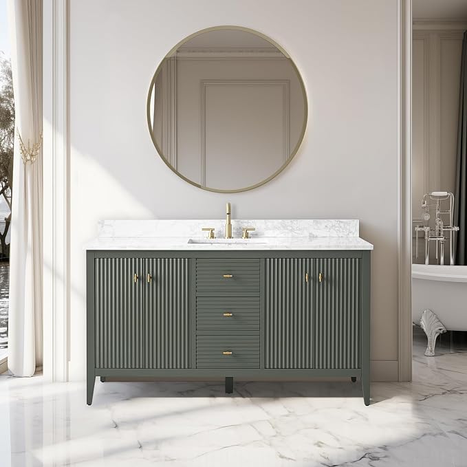 Vanity Art 60 inch Bathroom Vanity with Single Sink & Ceramic Top, Vanity Cabinet with Soft-Closing Door, Solid Wood Frame, Linear Pattern, Vintage Green, Golden Brushed Handware VA9160-SVG-GB