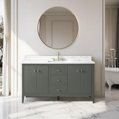 Vanity Art 60 inch Bathroom Vanity with Single Sink & Ceramic Top, Vanity Cabinet with Soft-Closing Door, Solid Wood Frame, Linear Pattern, Vintage Green, Golden Brushed Handware VA9160-SVG-GB