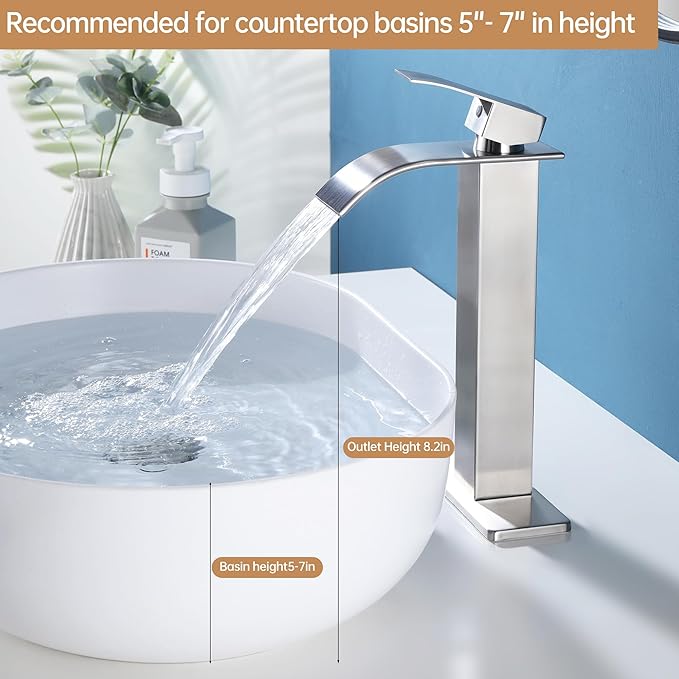 Fransiton Tall Vessel Sink Faucet Brushed Nickel Faucet for Bathroom Sink Tall Waterfall Bathroom Faucet Single Handle 1 or 3 Hole Wash with Pop-up Drain
