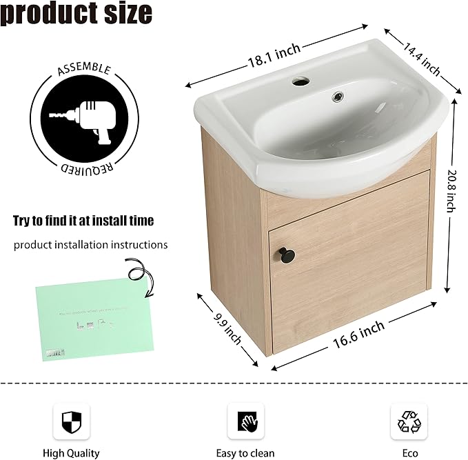 18" Bathroom Vanity with Sink, 18 Inch Floating Vanity for Small Space, Modern Single Sink Bathroom Vanity Combo, Brown Wall Mounted Cabinet Set (BN-023)