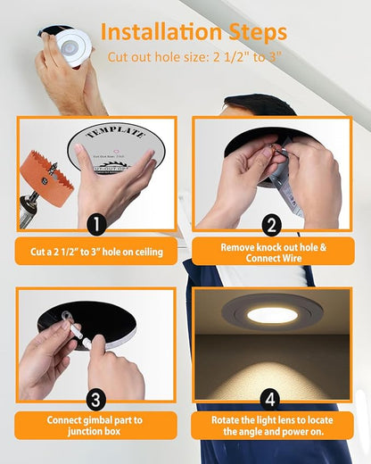 3 inch Recessed LED Lights 7W Gimbal Rotatable Directional Downlight,360°Adjustable Soffit Lighting Dimmable Swivel Eyeball, 90°Tilt Canless Swivel Spotlight 5CCT Selectable 6 Pack White