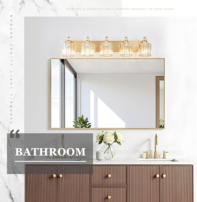 5-Lights Brushed Brass Bathroom Light Fixture Gold Vanity Lights Modern Crystal Bathroom Vanity Lighting Over Mirror Wall Sconce with K9 Crystal Shade E26 Base for Living Room, Bedroom Wall Lamp