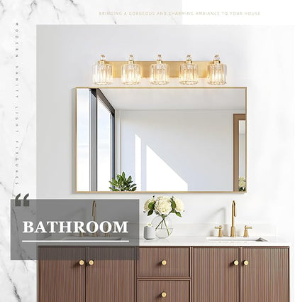 5-Lights Brushed Brass Bathroom Light Fixture Gold Vanity Lights Modern Crystal Bathroom Vanity Lighting Over Mirror Wall Sconce with K9 Crystal Shade E26 Base for Living Room, Bedroom Wall Lamp