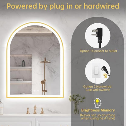 24"x32" Arched LED Lighted Bathroom Mirror with Lights | Gold Aluminum Frame, Fogless, Dimmable, Shatterproof, Touch Sensor, 3 Color Changing