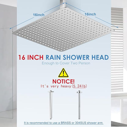 16 inch Large Rain Shower Head Ceiling Mounted - All Metal 304 Stainless Steel, Full Body Rainfall Shower with 324 Silicone Nozzles - Waterfall Bathroom Square Showerheads, Chrome Polished